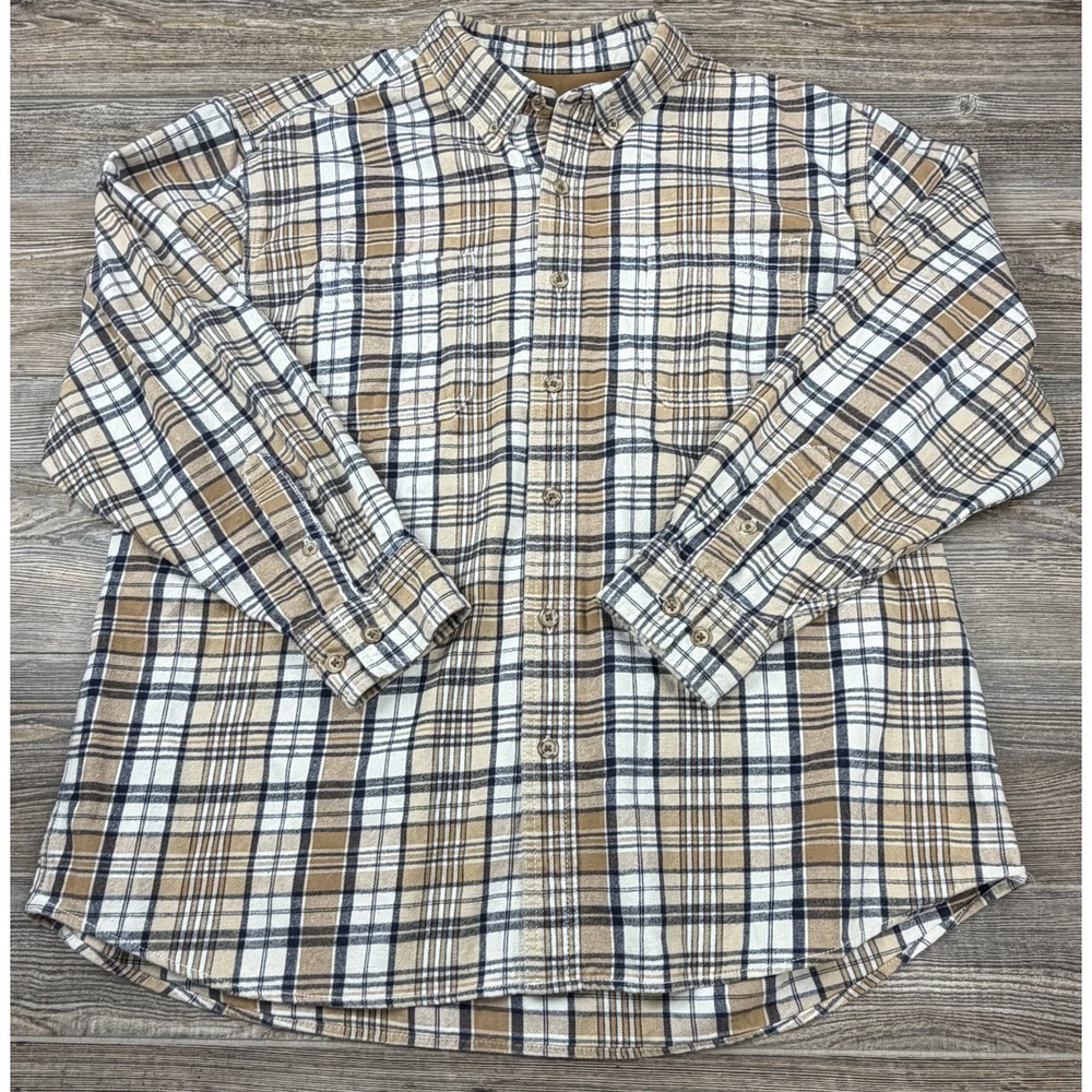 Ridgecut Toughwear Shirt Mens 2XL Heavy Cotton Flannel Beige Plaid Button Down
